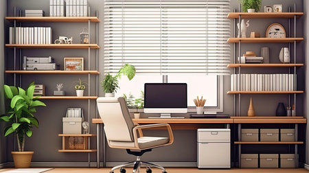 Minioffice in the living room with a stylish desk and racks for documentsの素材