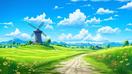 A sunny day against the backdrop of a blue sky among the green fields, where a windmill is spinninの素材