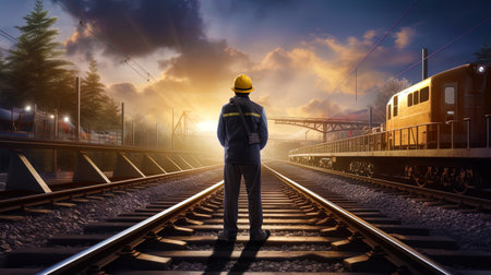 A railway engineer standing on rails and solving complex technical problemsの素材