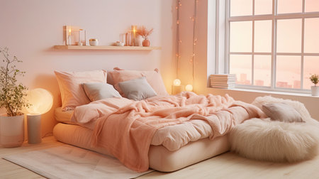 Cozy bedroom with soft pastel shades and pillows of different texturesの素材
