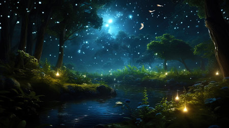 A mystical landscape with magic fireflies in a dark forestの素材