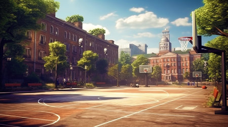 Game of basketball in the city courtの素材