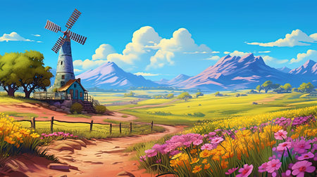 A windmill standing out in the background of the landscape with multi colored colorsの素材
