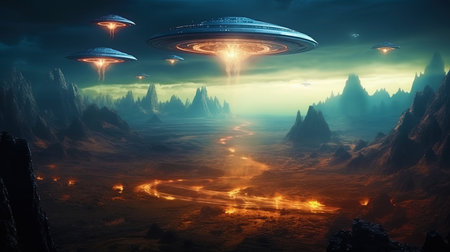 An illustration of a science fiction story: aliens on planet Earthの素材