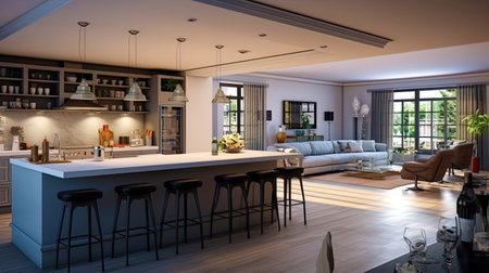 Openplan kitchendining room, bar and modern dishesの素材
