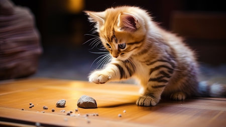 Photo of a cat playing with a paw with a piece of land on the tableの素材