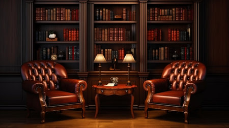 Cabinet with wooden furniture, leather armchairs and book shelvesの素材