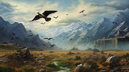 Guspilot leading a group of migrating birds in the valleyの素材