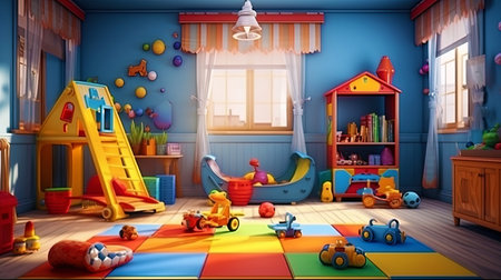Game room for children with bright colors, many toys and comfortable rugsの素材