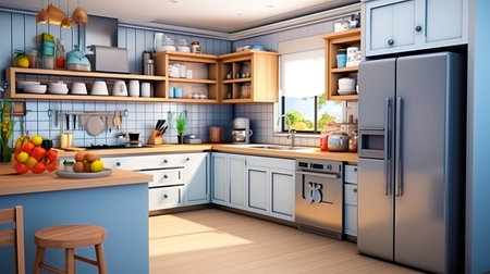 Kitchen with innovative household appliances, harmonious colors and practical storageの素材