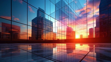 Glass skyscrapers in the dawn light, lively with reflections of the morning sun in glass facadesの素材