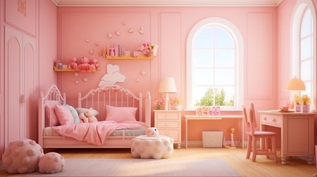 Pink children's room with Provence style furniture and colorful beddingの素材