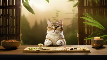 The image of a cat, enthusiastically spent sushi, putting a paw on the bamboo tableの素材