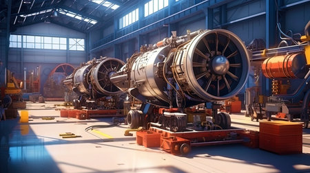 Production line for assembling aircraft enginesの素材