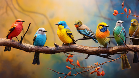 Collage with multi colored birds on branchesの素材
