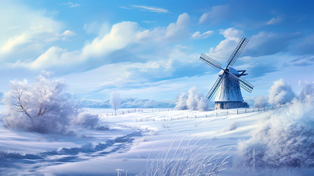 Winter snowfall, giving a windmill, a magic viewの素材