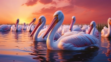 Pink pelicans on the water of sunset, gently moving along the water surface, create a picture of iの素材
