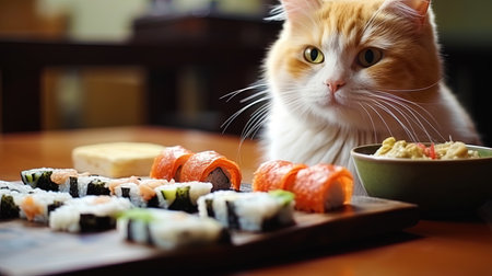 The cat sniffs with enthusiasm, the fresh sushi offered to him on the tableの素材