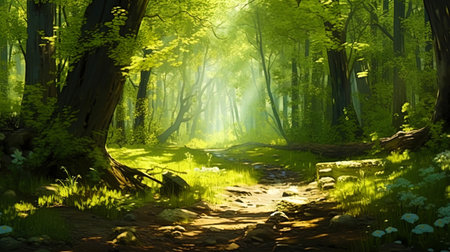 Sunny rays in the forest in the spring, penetrating through the branches, creating a game of lightの素材