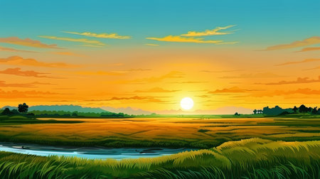 Landscape with the setting sun on the horizonの素材