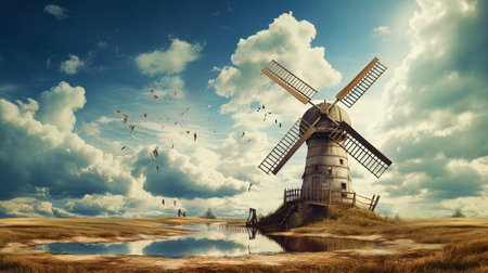 Surrealistic composition with a windmill floating in the cloudsの素材