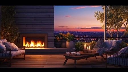 Terrace with fireplace and cozy furniture, creating an atmosphere of home comfortの素材