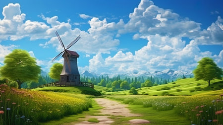 Pastoral landscape with a windmill surrounded by green meadowsの素材