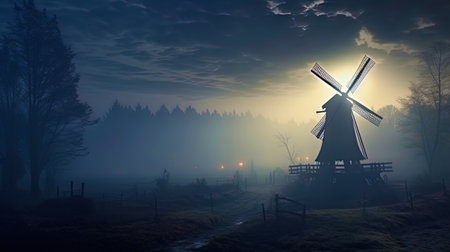 The mysterious atmosphere with a windmill surrounded by a light fog at dawnの素材