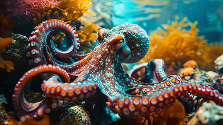 Photo of an octopus among colorful corals at the depths of the ocean, like an art object in the un.の素材