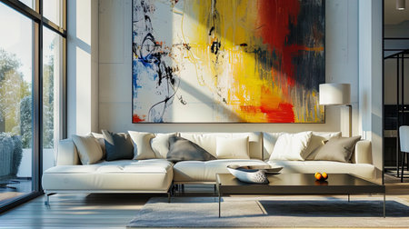 Ergonomic rest room with a stylish sofa and expressive artistic canvas, giving the dynamics of spa.の素材