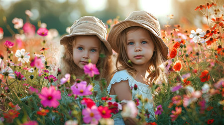 Photo in the flowering garden children pose among colorful flowers, creating a cheerful and bright.の素材