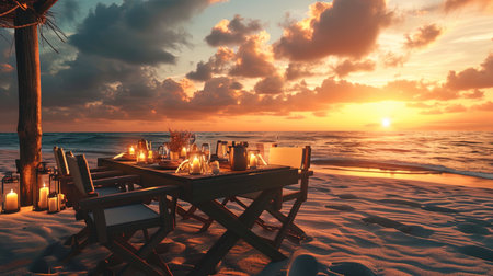 Family dinner on the beach with a view of the sunset the table is decorated with candles, and ever.の素材