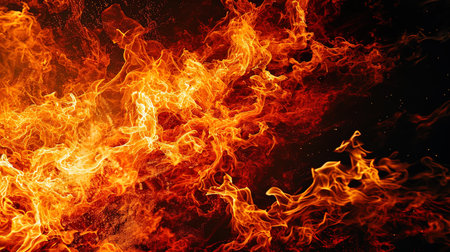 Fiery vortices, dancing on a black background, create an abstract fiery landscape.の素材