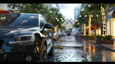 Parking on the street a car, just bought, stands on the street, emphasizing its novelty.の素材