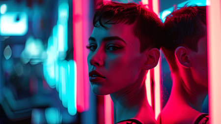 Portrait of a woman with a short haircut in a barbershop surrounded by neon light elements.の素材