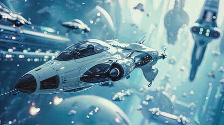 Futuristic figures resembling spaceships move smoothly in zero gravity.の素材