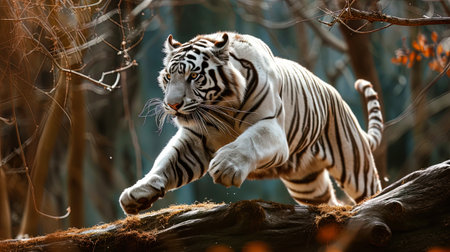 Photos of a white tiger jumping among the branches gives the impression of lightness and grace in.の素材
