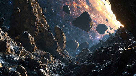 Flying through an asteroid field, where cosmic rocks cast shadows to the stars.の素材