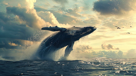 In the picture, a whale jumping into the water creates the impression of grace and lightness, desp.の素材