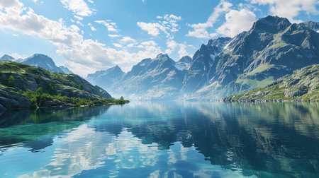 On the frame, a beautiful bay, bordered by high mountains, reflected in smooth water, creates a la.の素材