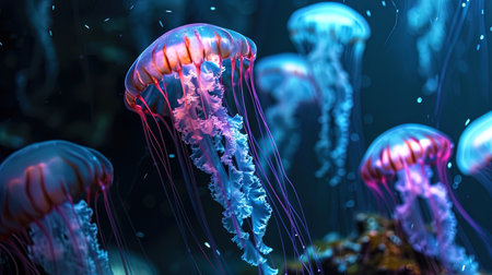 General underwater miracles: bright jellyfish, as if fairies glowing in dark water.の素材