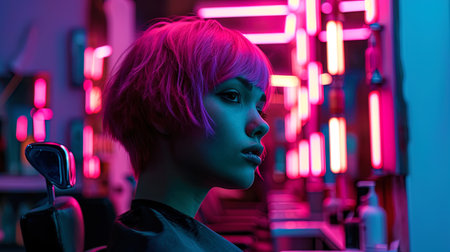 Portrait of a fashionable lady with a pink haircut in a modern barbershop with neon light.の素材