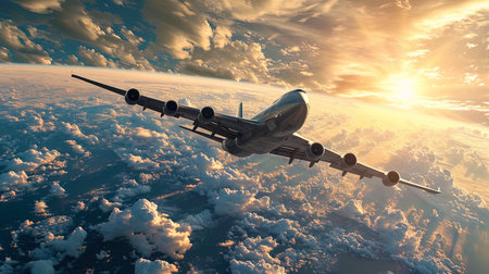 Majestic composition a plane leaving the Earth, leaving behind a trace in the heavenly palette.の素材