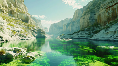Green planet with bright green waters and nephritis oases, creating an exotic landscape.の素材