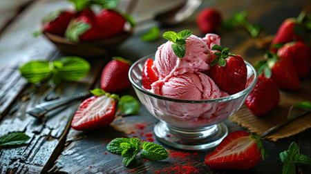 Photos of cool ice creamshock with strawberries and mint, creates an atmosphere of fun and delicio.の素材
