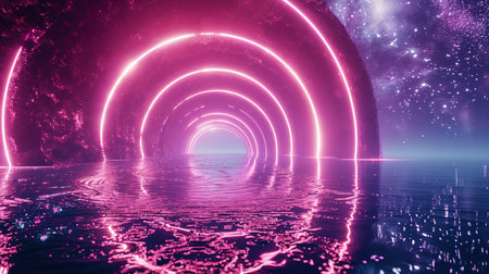 Neon arc, sparkling against the background, like a gate in a cosmic virtual journey.の素材