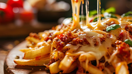 Photo of a giant portion of fries with juicy tomato sauce and a generous layer of cheese.の素材