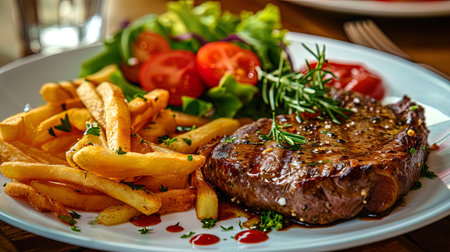 Muffled colors in the photo of a steak with a juicy lining of fries and tomato salad.の素材
