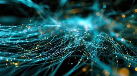 Multidimensional lines of light, intertwining in a futuristic chaos on a black background.の素材