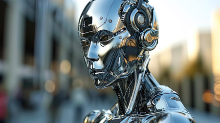 Photos of the robot face with smooth, chrome surfaces that create the impression of incredible beauty.の素材